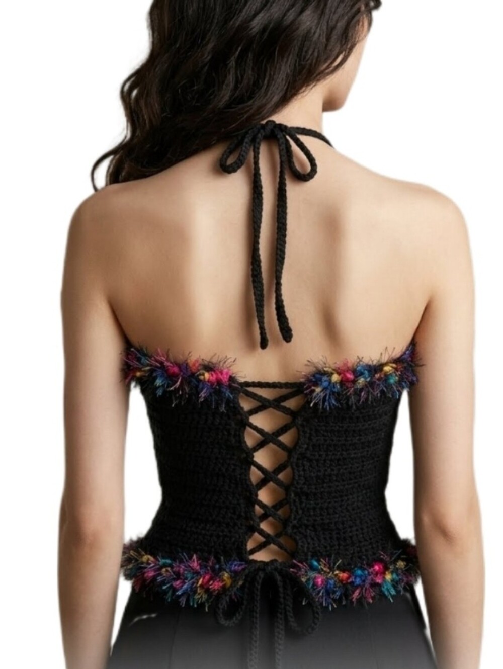 HAND CRAFTED Top Corsetted Cropped Crochet Black Size S